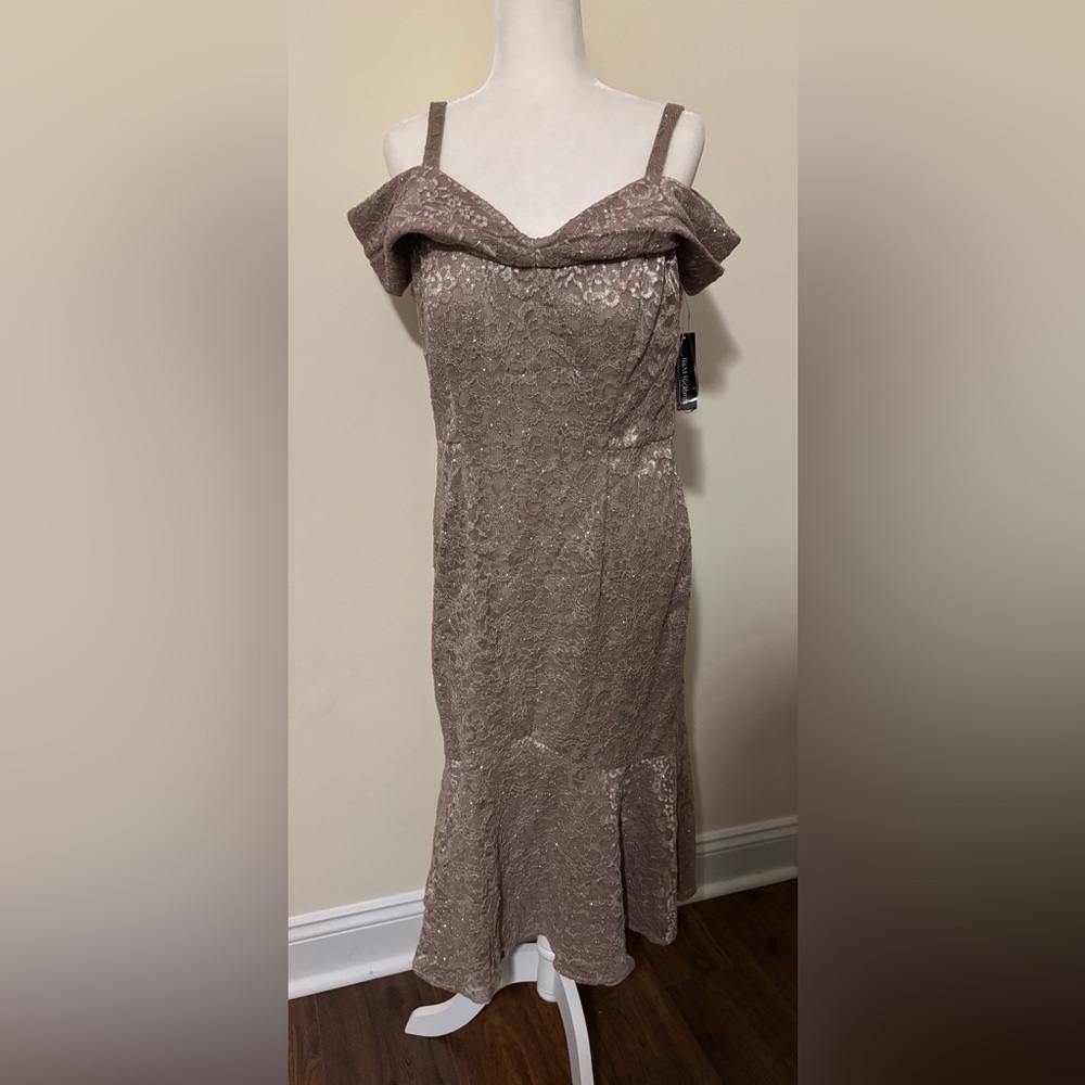 RM Richard’s Off-Shoulder Lace Midi Dress in Champagne